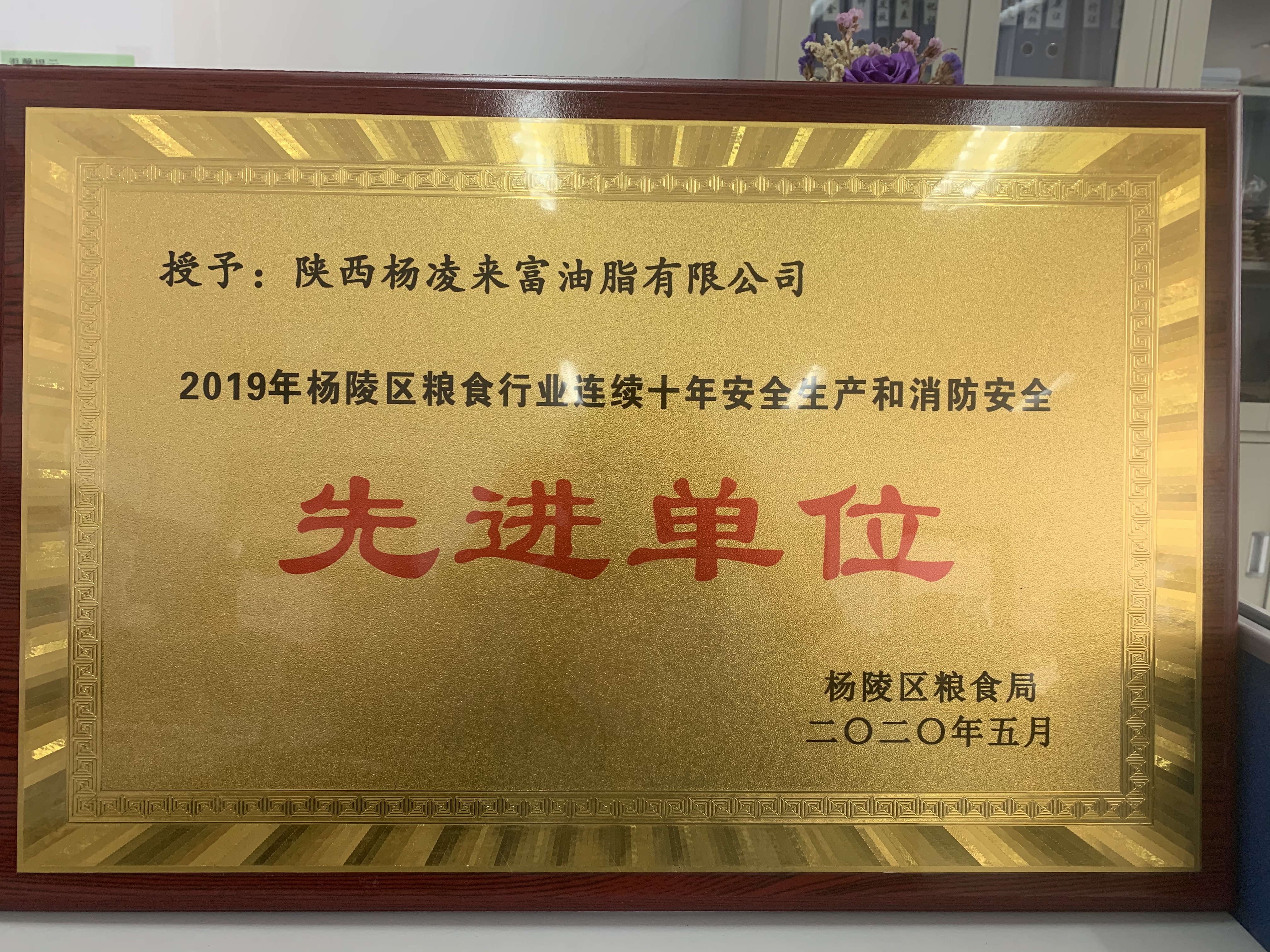 喜報(bào)！陜西糧農(nóng)油脂集團(tuán)楊凌來富公司榮獲楊陵區(qū)糧食行業(yè)連續(xù)十年安全生產(chǎn)和消防安全先進(jìn)單位